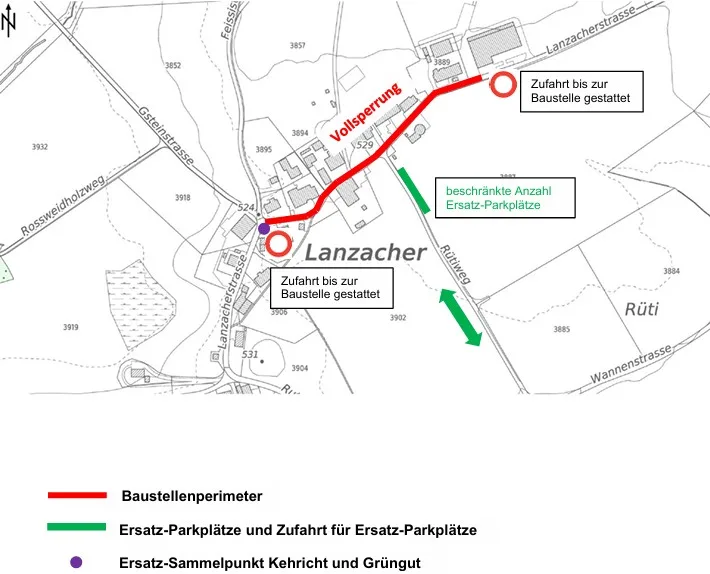 Die Sperrung betrifft den rotmarkierten Abschnitt. Bei der grünmarkierten Stelle werden Ersatzparkplätze zur Verfügung gestellt. Vollsperrung Bubikon Juni 2026